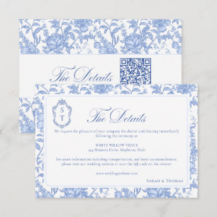 Cartão De Informações Casamento Floral Azul Delft Chinoiserie Monograma