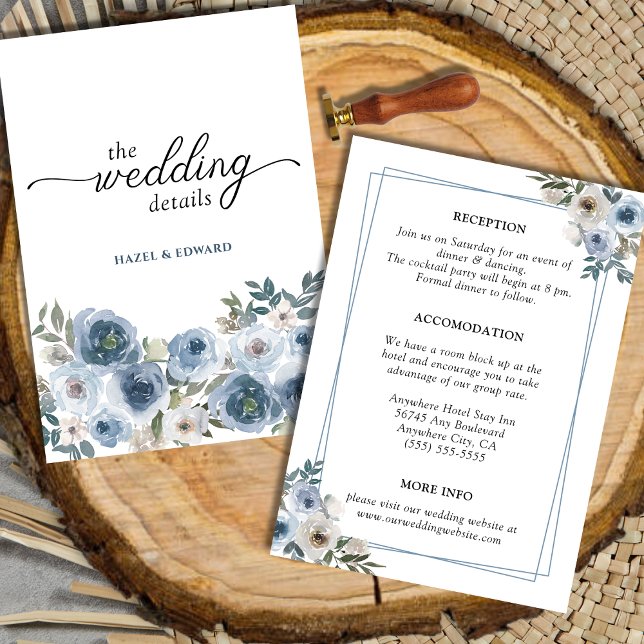 Cartão De Informações Casamento Floral Azul Dusty Elegante Simples (Simple Elegant Dusty Blue Floral Wedding Enclosure Card)