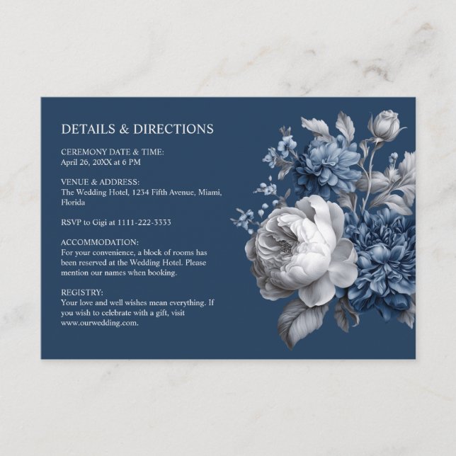 Cartão De Informações Casamento Floral Azul e Cinza Moderno (Frente)