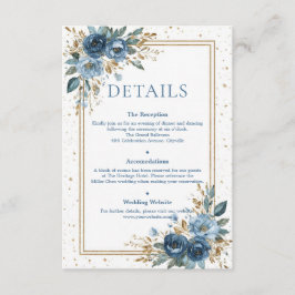 Cartão De Informações Casamento Floral Azul Naval e Dourado de Inverno