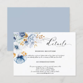 Cartão De Informações Casamento Floral Azul Poeirento Branco Dourado