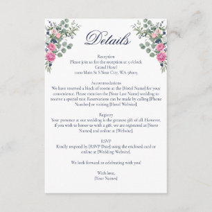 Cartão De Informações Casamento Floral Azul Rosa Eucalipto Verde