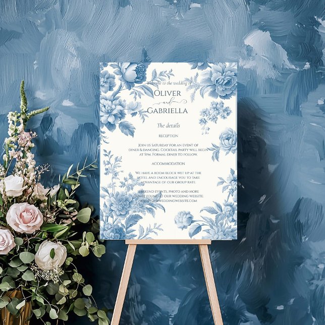 Cartão De Informações Casamento Floral Azul Toile Francês Elegante (Criador carregado)