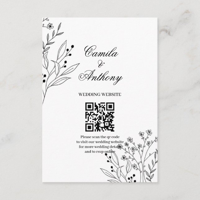 Cartão De Informações Casamento Floral Boho de Canto Negro e Branco (Frente)
