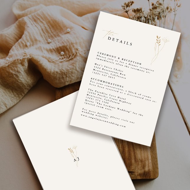 Cartão De Informações Casamento Floral Boho Simples Dourado (Criador carregado)