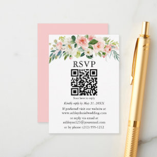 Cartão De Informações Casamento Floral Branco Cor-de-Água Rosa QR RSVP