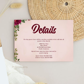 Cartão De Informações Casamento Floral Burgundy e Blush Mal-humorado