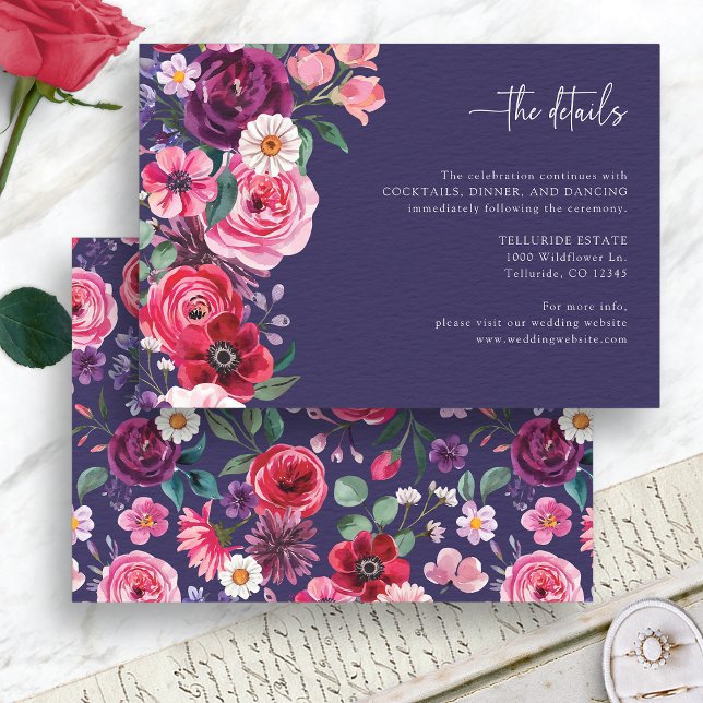 Cartão De Informações Casamento Floral Colorido (Colorful Navy Blue Floral Wedding Enclosure Card by Painted Paperie
)