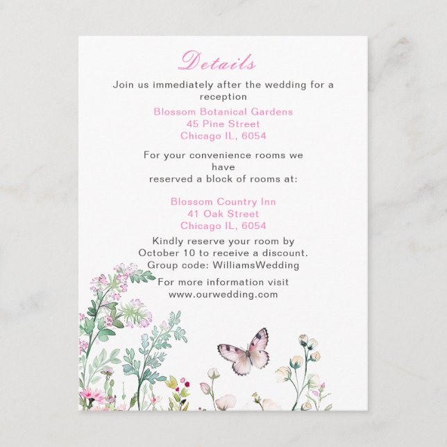 Cartão De Informações Casamento Floral da Borboleta Verde primavera (Frente)