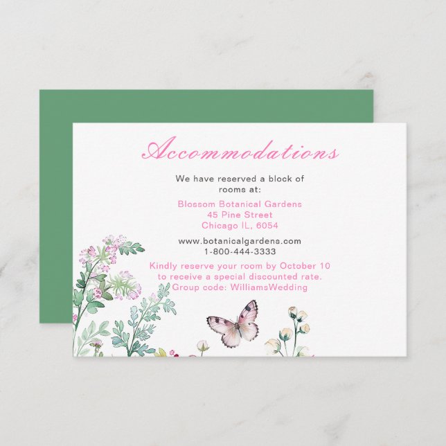 Cartão De Informações Casamento Floral da Borboleta Verde primavera (Frente/Verso)