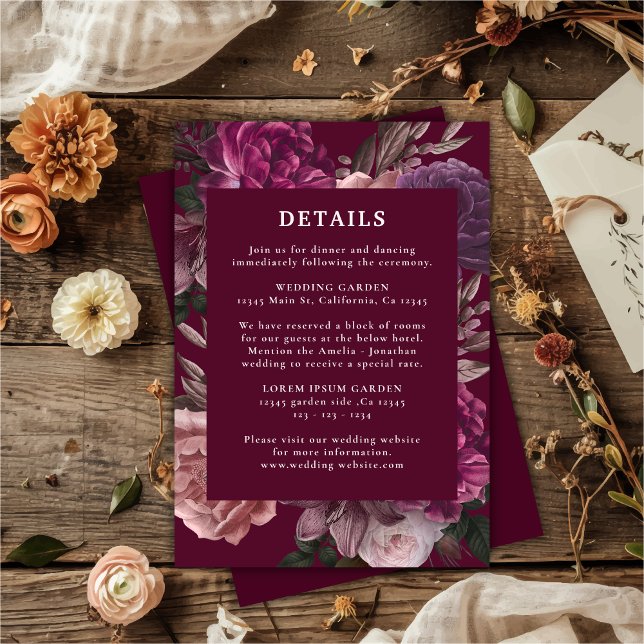 Cartão De Informações Casamento Floral da Dark Moody Winter Burgundy & M (Criador carregado)
