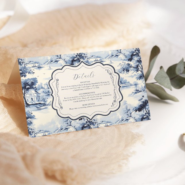 Cartão De Informações Casamento Floral da Imagem Azul Elegante Francesa (Criador carregado)