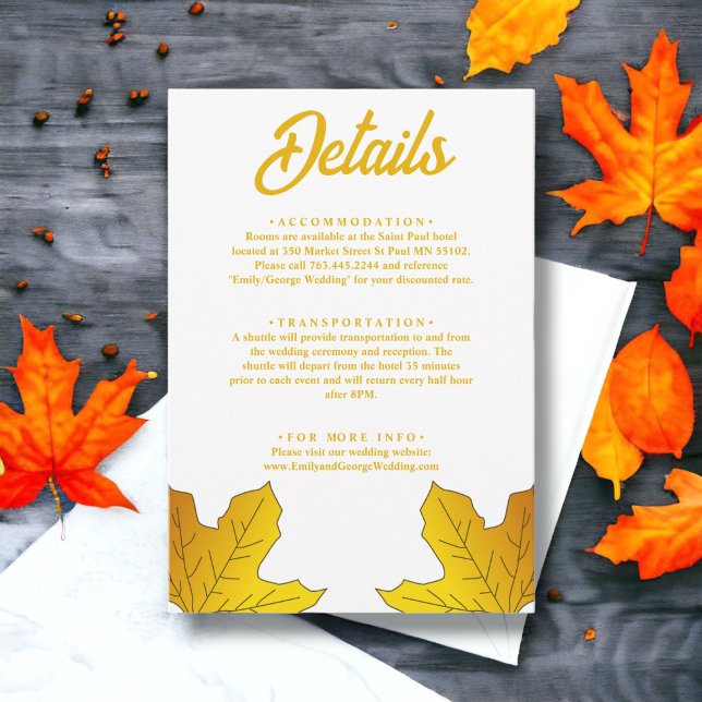 Cartão De Informações Casamento Floral das Folhas Douradas Russas Elegan (Criador carregado)