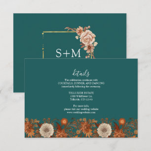Cartão De Informações Casamento Floral de Aquarela em Terracota Azul Tur