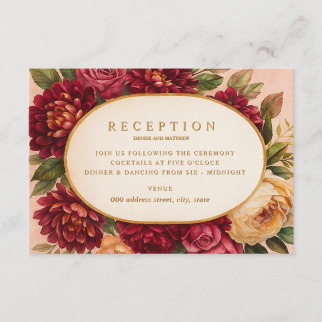 Cartão De Informações Casamento Floral de Aquarelas Blush Burgundy (Frente)