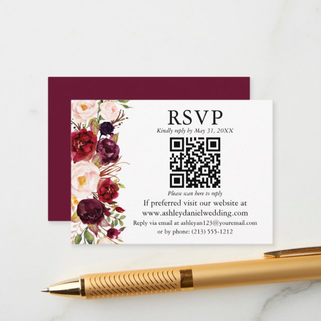 Cartão De Informações Casamento Floral de Borgonha em Aquarela QR RSVP (Frente/Verso In Situ)