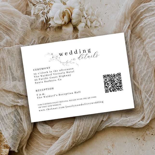 Cartão De Informações Casamento Floral de Código QR Preto e Branco Escri (Criador carregado)