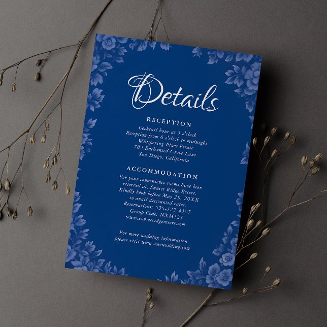 Cartão De Informações Casamento Floral de Elegante Dusty French Blue Vin (Criador carregado)
