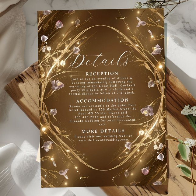 Cartão De Informações Casamento Floral de Glam Ouro Sparkly (Criador carregado)