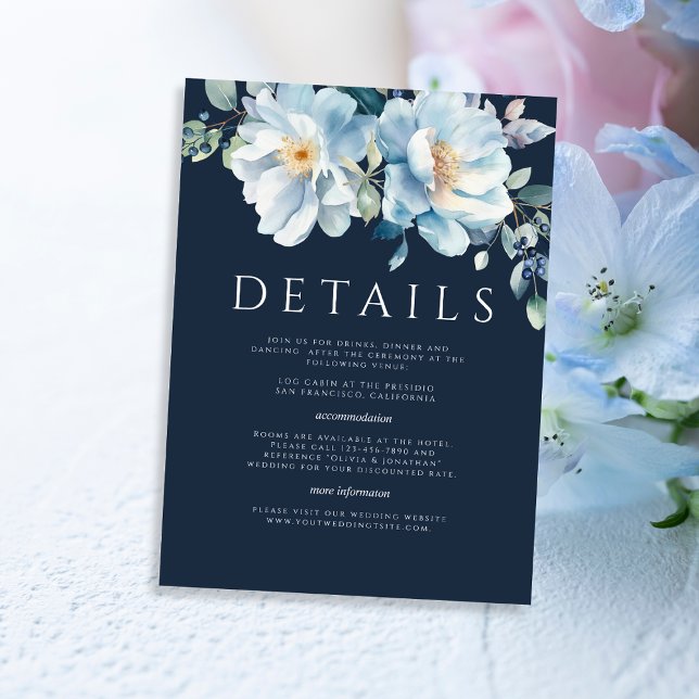 Cartão De Informações Casamento Floral de Inverno Azul de Aquarela (Criador carregado)