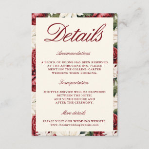 Cartão De Informações Casamento Floral de Marfim Vintage Borgonha Modern