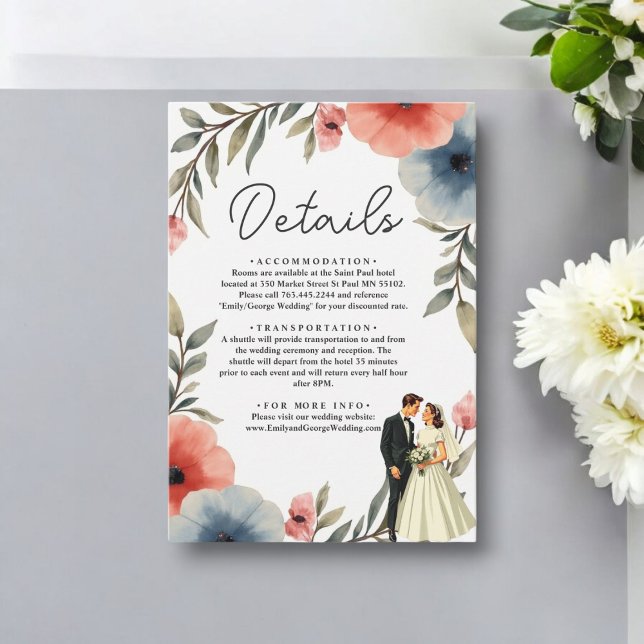 Cartão De Informações Casamento Floral De Noiva Elegante E Groom Waterco (Criador carregado)