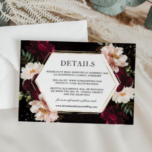Cartão De Informações Casamento Floral de Peônias Vermelho Burgundy Escu