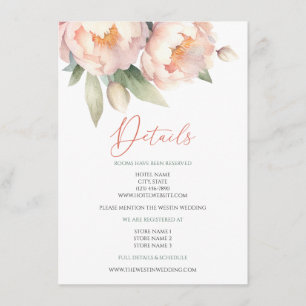Cartão De Informações Casamento Floral de Peony Watercolor Blush