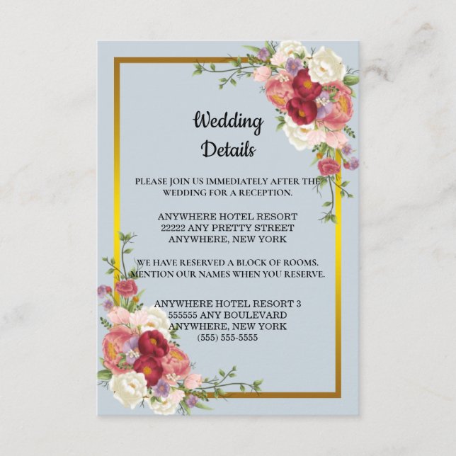 Cartão De Informações Casamento Floral de Pêssego Dourado com Cinza Dust (Frente)