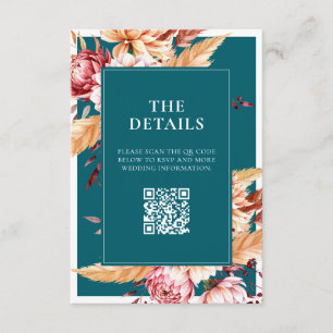 Cartão De Informações Casamento Floral de Teal Boho Chic