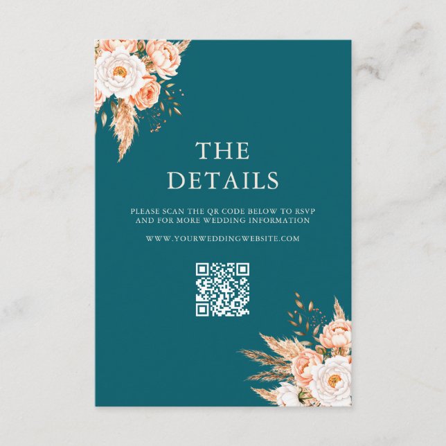 Cartão De Informações Casamento Floral de Teal Boho Chic Fall (Frente)