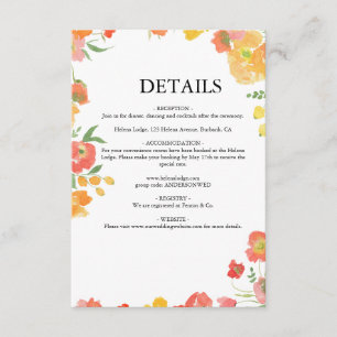Cartão De Informações Casamento Floral de Verão Rosa e Laranja