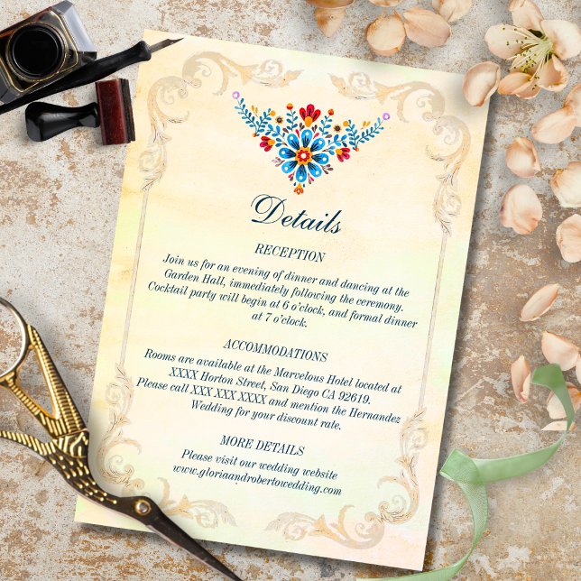Cartão De Informações Casamento Floral do Barroco Mexicano Hummingbird (Mexican floral hummingbird enclosure card with ornate gold scroll frame and floral motif.)