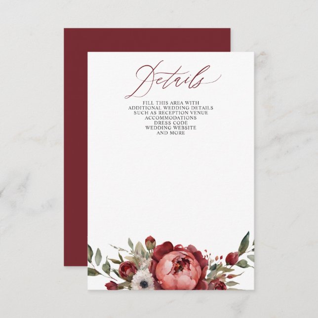Cartão De Informações Casamento Floral do Boho Burgundy (Frente/Verso)