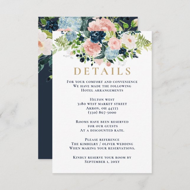 Cartão De Informações Casamento Floral Dourado com Marinho de Aquarela R (Frente/Verso)