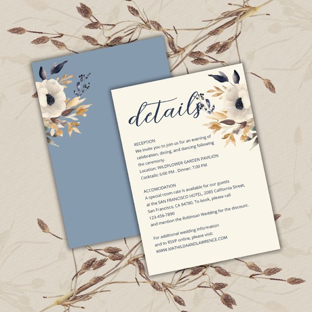 Cartão De Informações Casamento Floral Dourado de Inverno Elegante Dusty (Elegant Dusty Blue Gold Winter Floral Wedding Enclosure Card)