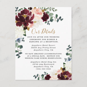 Cartão De Informações Casamento Floral Dourado e Rosa Vermelho Brilhante
