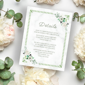 Cartão De Informações Casamento Floral e Marble Verde