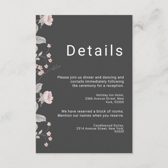 Cartão De Informações Casamento Floral Elegante De Cinzas Rosa E Escura (Frente)
