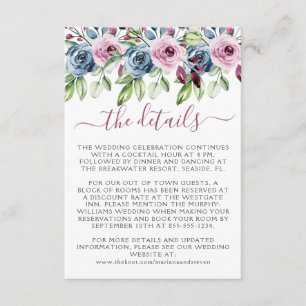 Cartão De Informações Casamento Floral em Aquarela com Vinho Azul Naval