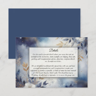 Cartão De Informações Casamento Floral em Azul Marinho e Dourado