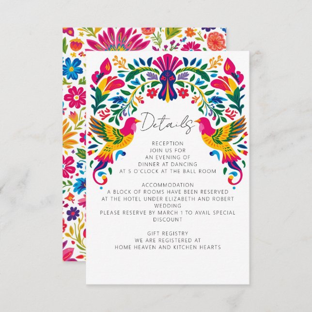 Cartão De Informações Casamento Floral Fiesta - Aves Otomi Mexicanas Vib (Frente/Verso)