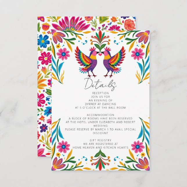 Cartão De Informações Casamento Floral Fiesta - Aves Otomi Mexicanas Vib (Frente/Verso)