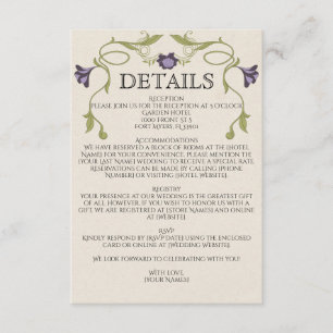 Cartão De Informações Casamento Floral Lilás Roxo Vintage Art Nouveau