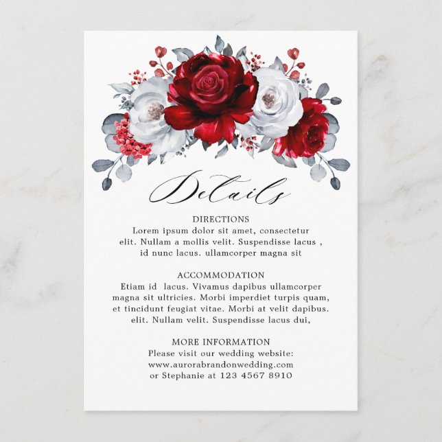 Cartão De Informações Casamento Floral Metálico Branco Prata Vermelho Re (Frente)