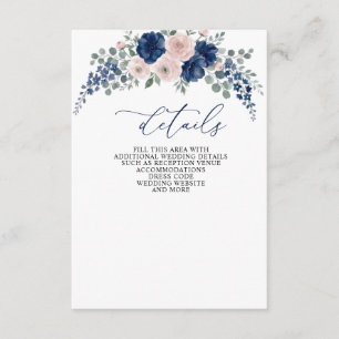 Cartão De Informações Casamento Floral Moderno Azul Marinho e Bege
