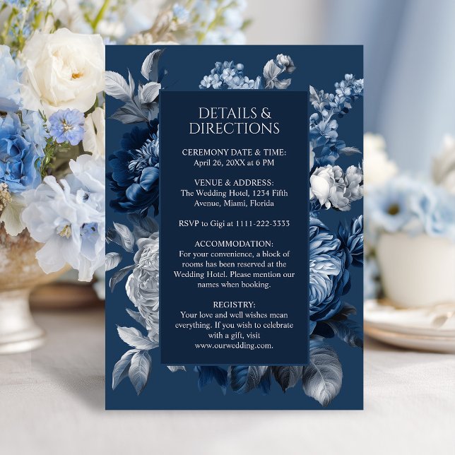 Cartão De Informações Casamento Floral Moderno de Blues e Cinzas (Modern Blues & Gray Floral Wedding Enclosure Card)
