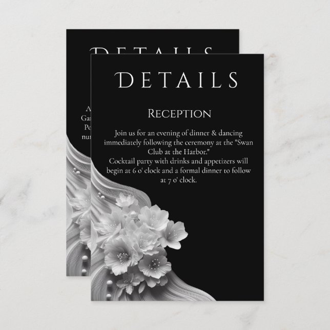 Cartão De Informações Casamento Floral Moderno Preto e Branco (Frente/Verso)