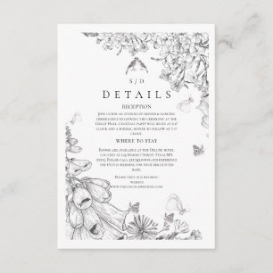 Cartão De Informações Casamento Floral Preto Branco Clássico