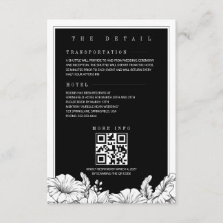 Cartão De Informações Casamento Floral Preto e Branco com Detalhes em QR